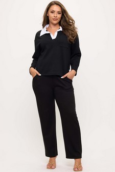 Women's Classic Collared Two-Tone Top and Wide-Leg Pants Set style 5