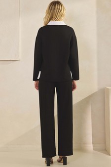 Women's Classic Collared Two-Tone Top and Wide-Leg Pants Set style 2