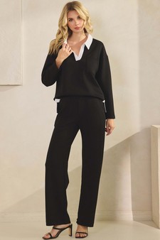 Women's Classic Collared Two-Tone Top and Wide-Leg Pants Set