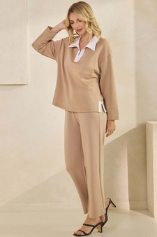 Women's Classic Collared Two-Tone Top and Wide-Leg Pants Set style 3