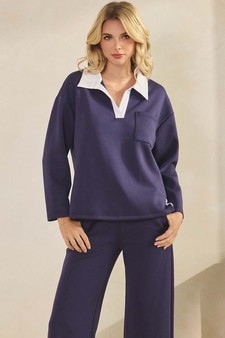 Women's Classic Collared Two-Tone Top and Wide-Leg Pants Set style 4