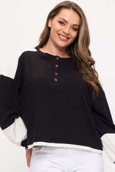 Women's Two Tone Ribbed Loose Fit Top with Buttons style 4