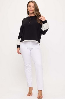 Women's Two Tone Ribbed Loose Fit Top with Buttons style 5