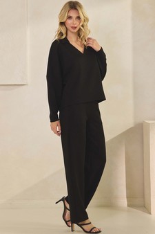 Women's Elegant Collared UltraComfy V-Neck Top and Wide-Leg Pants Set style 3