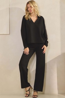 Women's Elegant Collared UltraComfy V-Neck Top and Wide-Leg Pants Set style 5