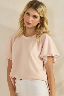 Thin Modal Scuba Scalloped Edge Trim Short Sleeve Top