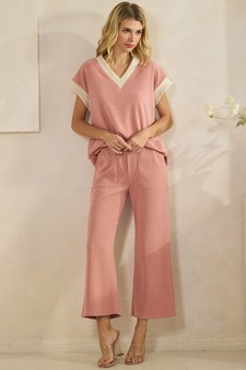 Corduroy Modal Short Sleeve Top and Cropped Pant Set