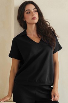 ETA 05/22/26 - Relaxed Collared V-Neck Thin Modal Scuba Short Sleeve Top style 4