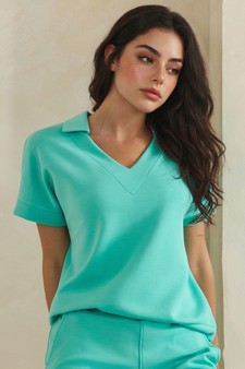 ETA 04/10/26 - Relaxed Collared V-Neck Thin Modal Scuba Short Sleeve Top style 4