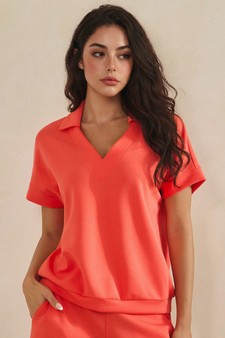 ETA 04/10/26 - Relaxed Collared V-Neck Thin Modal Scuba Short Sleeve Top style 4