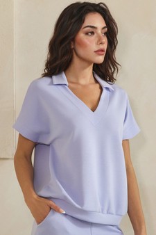ETA 04/10/26 - Relaxed Collared V-Neck Thin Modal Scuba Short Sleeve Top style 3