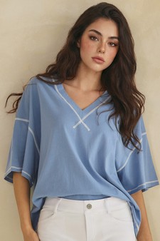 ETA 05/22/26 - Soft Cotton Relaxed V-Neck Top with Contrast Stitching style 4
