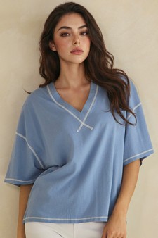 ETA 05/22/26 - Soft Cotton Relaxed V-Neck Top with Contrast Stitching