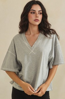 ETA 05/22/26 - Soft Cotton Relaxed V-Neck Top with Contrast Stitching style 4