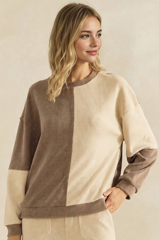 Raw Edge Colorblock Soft Corduroy Relaxed Pullover