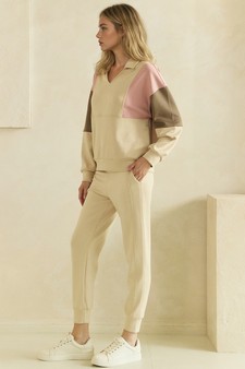 ETA 09/04/26 - UltraComfy Collared V-Neck Colorblock Pullover Top and Bottom Set style 3