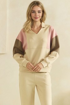 ETA 09/04/26 - UltraComfy Collared V-Neck Colorblock Pullover Top and Bottom Set style 4