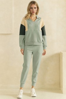 ETA 09/04/26 - UltraComfy Collared V-Neck Colorblock Pullover Top and Bottom Set