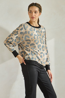 Women's Lightwash Leopard Print French Terry Long Sleeve Top style 2