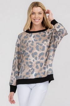 Women's Lightwash Leopard Print French Terry Long Sleeve Top