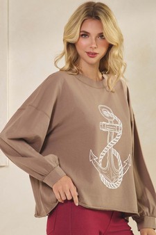Women's Nautical Anchor Graphic Long Sleeve Cotton Top style 3