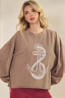 Women's Nautical Anchor Graphic Long Sleeve Cotton Top style 4