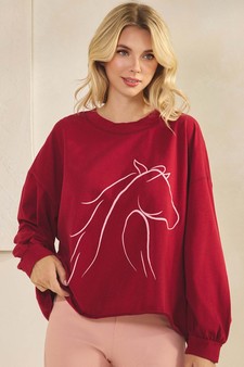 Women's Spirited Horse Graphic Long Sleeve Cotton Top style 4
