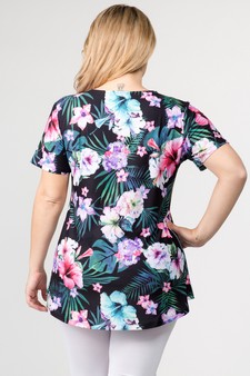 Women's Short Sleeve Tropical Floral Print Tunic Top style 3