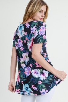 Women's Short Sleeve Tropical Floral Print Tunic Top style 4