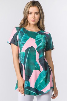 Women's Short Sleeve Palm Leaf Print Tunic Top