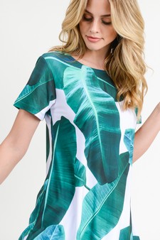 Women's Short Sleeve Palm Leaf Print Tunic Top style 5