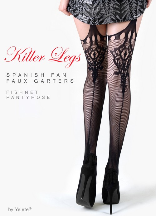 KILLER LEGS Ladies Spanish Fan Faux Garters Fishnet Pantyhose **NY ONLY ...