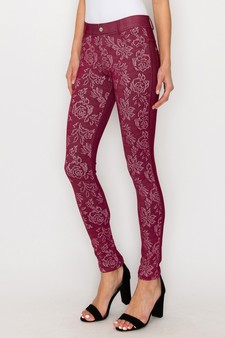 Women's Jegging with Floral Pattern (Wine Red) style 2