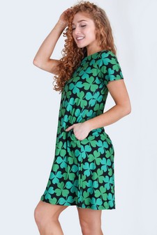 Women's 4-Leaf Clover Print Dress with Pockets style 3