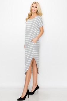 Women's Striped Curved Hem Midi Dress with Pockets style 2