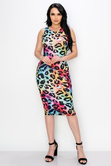 Women’s Color Fest Rainbow Leopard Print Sleeveless Midi Bodycon Dress style 4