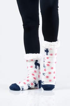 Women's Non-slip Faux Sherpa Santa's Reindeer Christmas Slipper Socks style 2