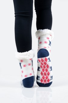 Women's Non-slip Faux Sherpa Santa's Reindeer Christmas Slipper Socks style 3