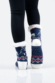 Women's Non-slip Faux Sherpa Santa's Reindeer Christmas Slipper Socks style 6