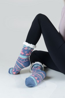 Women's Non-slip Faux Sherpa Reindeer Argyle Christmas Slipper Socks style 10