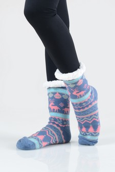 Women's Non-slip Faux Sherpa Reindeer Argyle Christmas Slipper Socks style 12