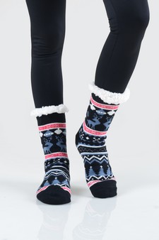 Women's Non-slip Faux Sherpa Reindeer Argyle Christmas Slipper Socks style 14