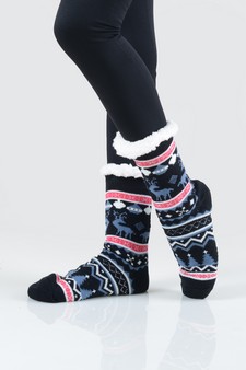 Women's Non-slip Faux Sherpa Reindeer Argyle Christmas Slipper Socks style 15