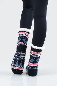 Women's Non-slip Faux Sherpa Reindeer Argyle Christmas Slipper Socks style 16