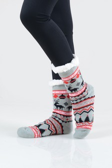 Women's Non-slip Faux Sherpa Reindeer Argyle Christmas Slipper Socks style 18