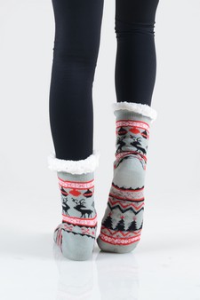 Women's Non-slip Faux Sherpa Reindeer Argyle Christmas Slipper Socks style 19