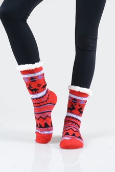 Women's Non-slip Faux Sherpa Reindeer Argyle Christmas Slipper Socks style 2