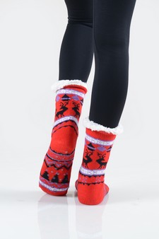 Women's Non-slip Faux Sherpa Reindeer Argyle Christmas Slipper Socks style 3