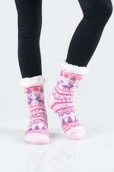 Women's Non-slip Faux Sherpa Reindeer Argyle Christmas Slipper Socks style 4