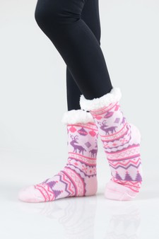 Women's Non-slip Faux Sherpa Reindeer Argyle Christmas Slipper Socks style 5